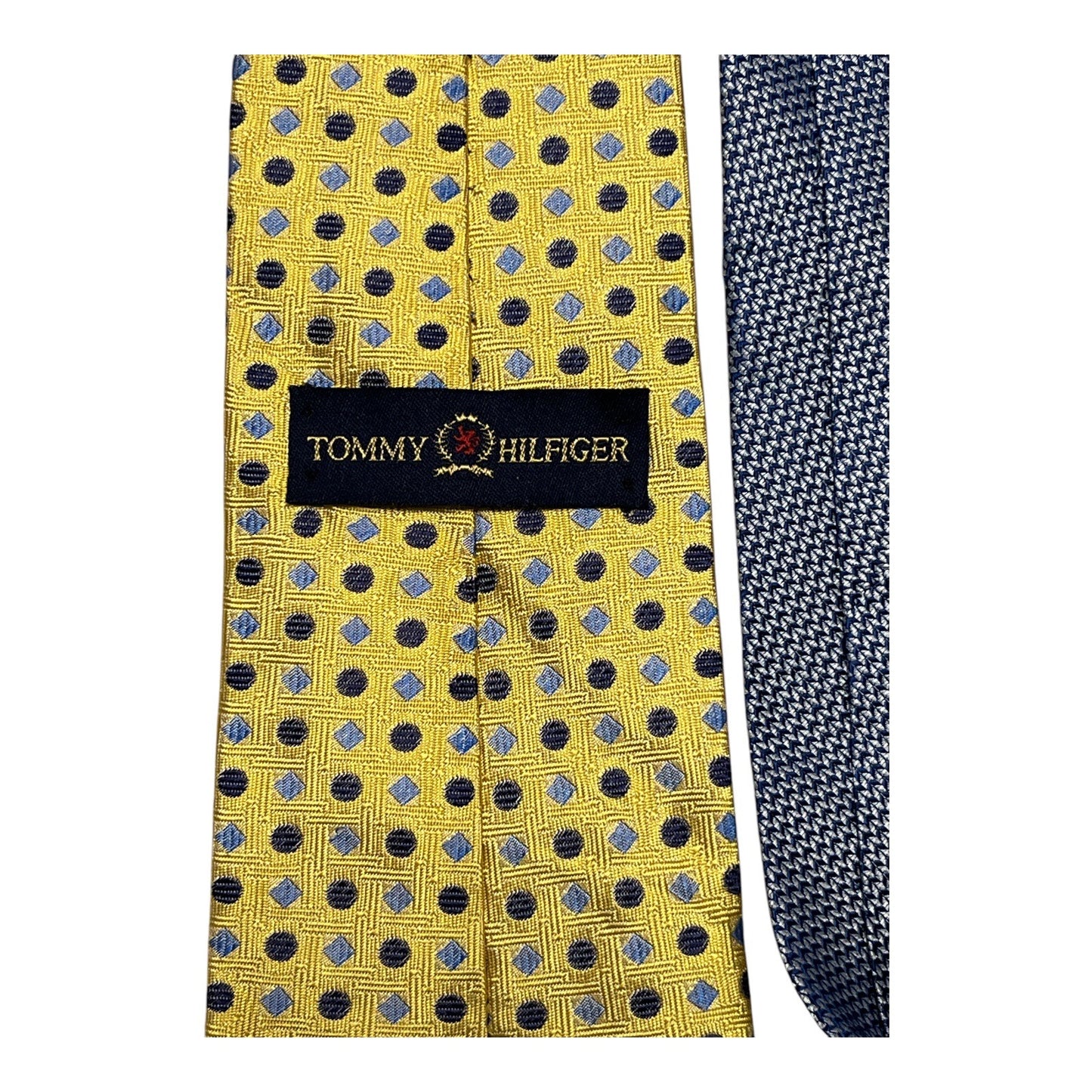 Vintage Tommy Hilfiger Yellow Silk Necktie Blue Geometric Dot Pattern Designer Tie