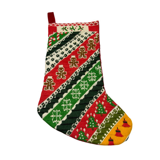 Vintage Christmas Needlepoint Stocking Gingerbread Candy Cane Tree Holiday Decor 21"