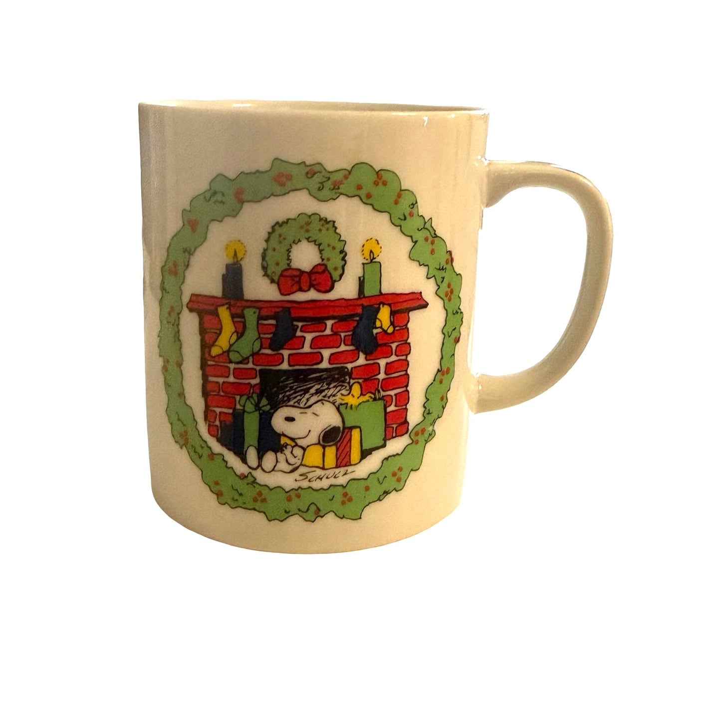 Vintage Snoopy Christmas Coffee Mug Fireplace Wreath Peanuts Made in Japan Ceramic Cup