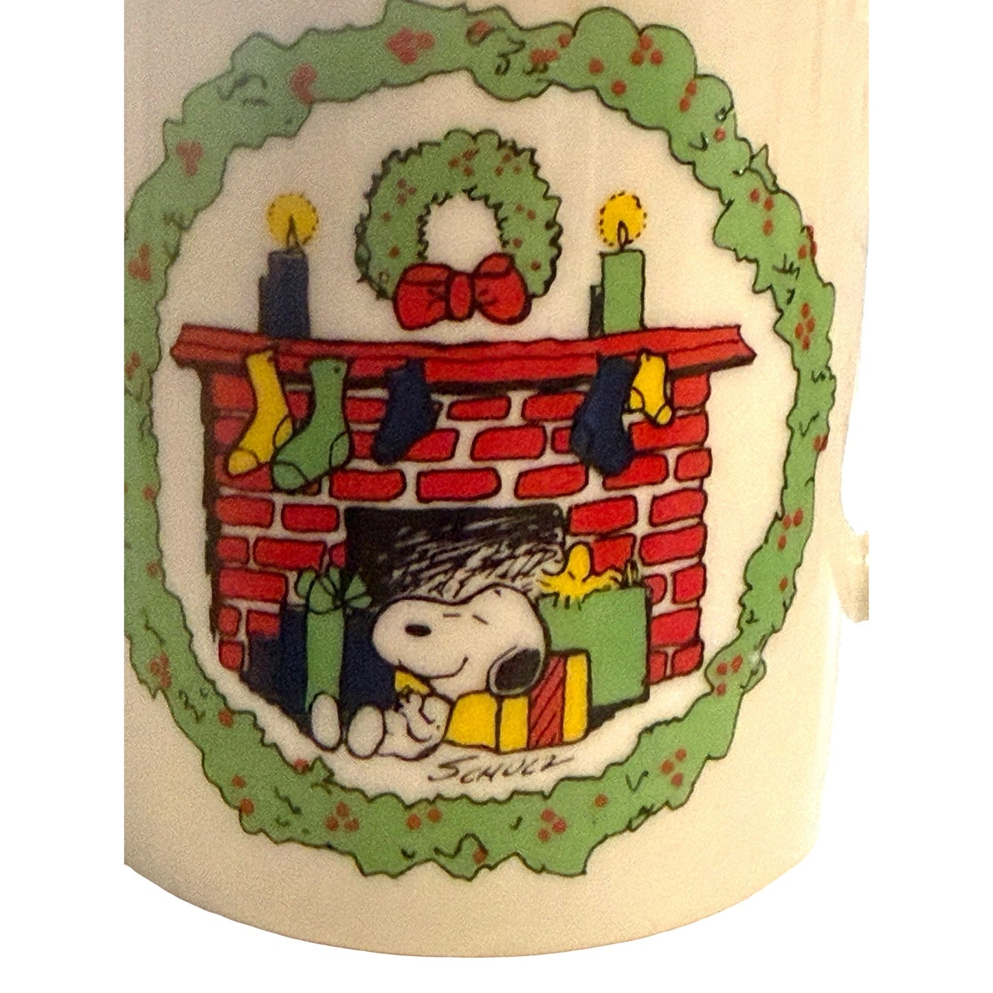 Vintage Snoopy Christmas Coffee Mug Fireplace Wreath Peanuts Made in Japan Ceramic Cup