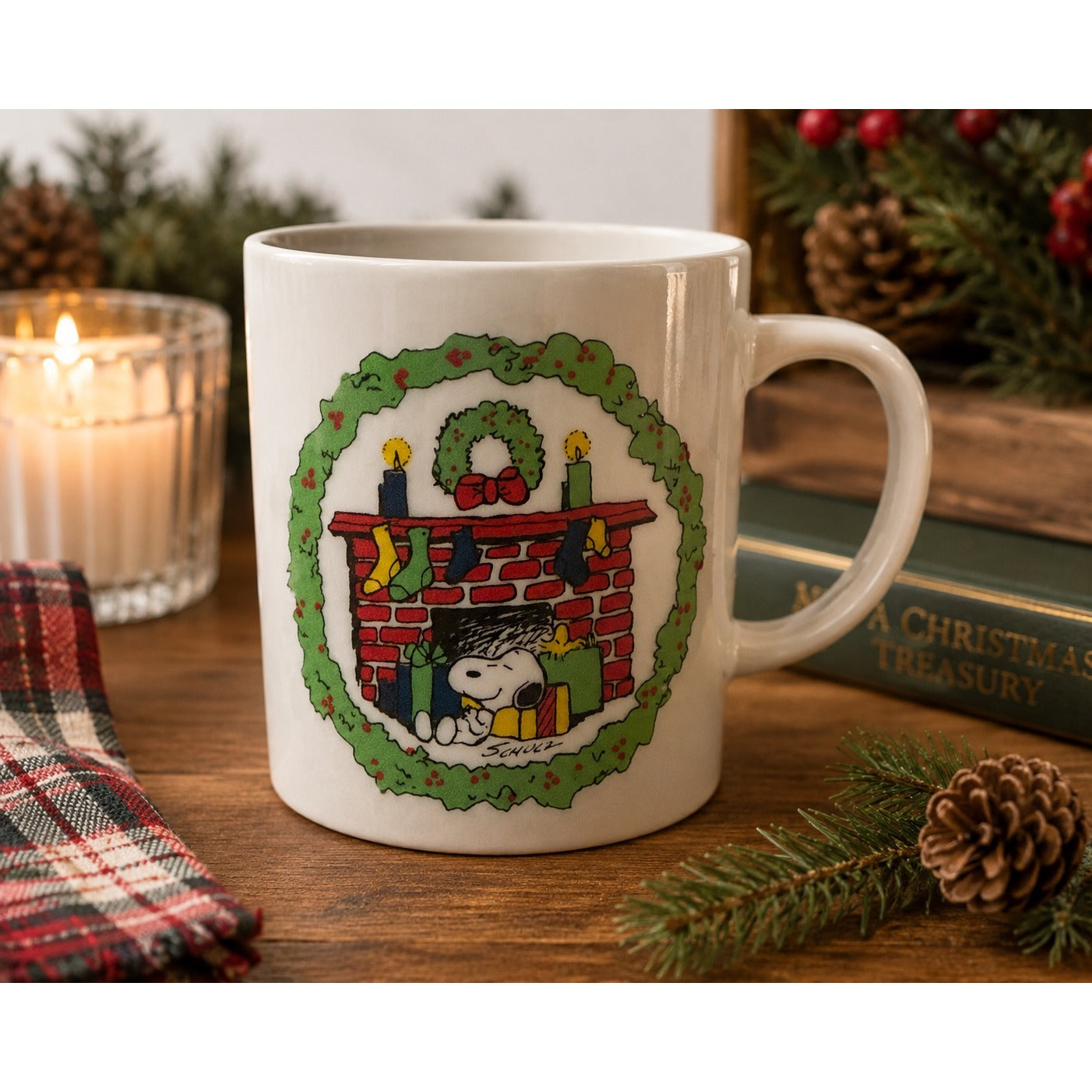 Vintage Snoopy Christmas Coffee Mug Fireplace Wreath Peanuts Made in Japan Ceramic Cup