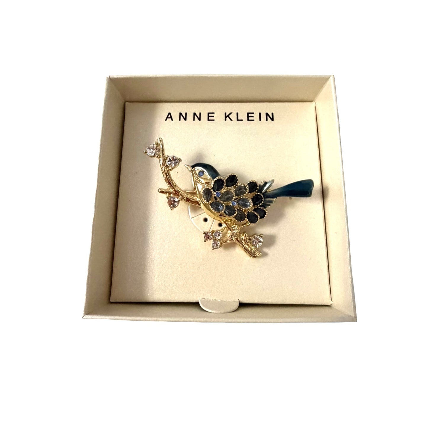 Anne Klein Bluebird Brooch Gold Tone Blue Enamel Rhinestone Bird on Branch Pin w Box