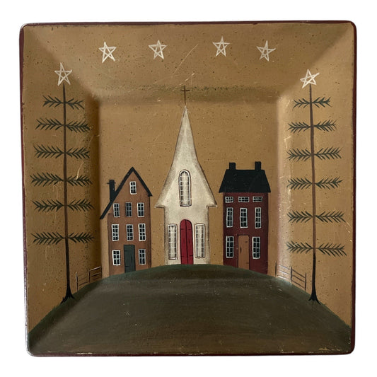 Primitive Hand-Painted Decorative Plate by Donna White – 10" Square – Church & Houses Scene