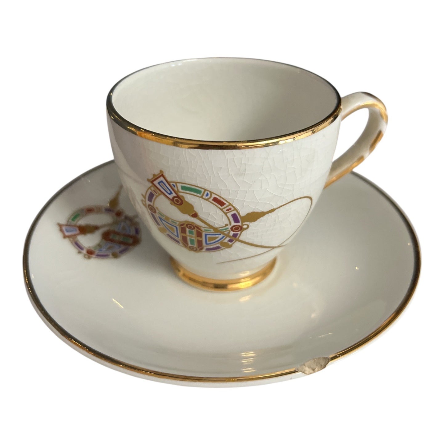 1960s Arklow Ireland Ironstone Demitasse Cups & Saucers – Clock Face Gold Trim – Set of 2 – One Saucer Chip