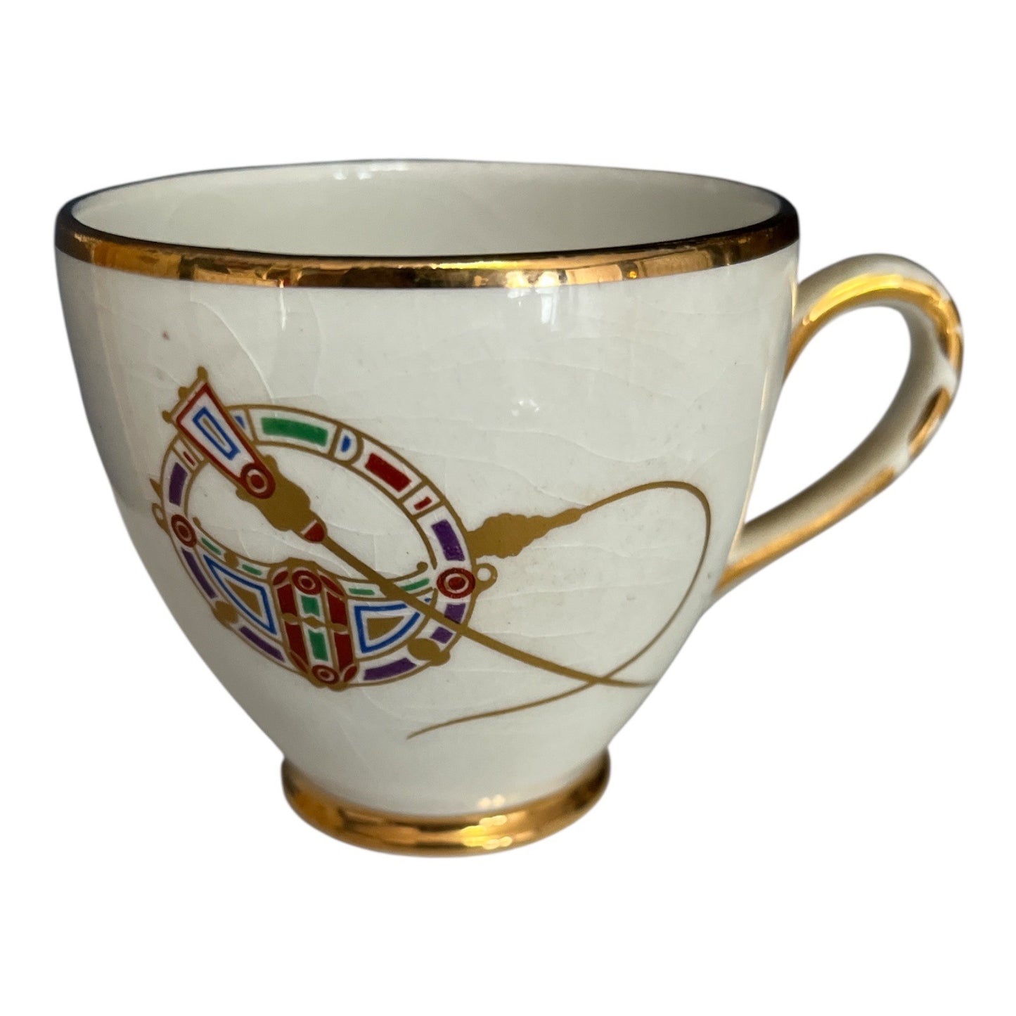 1960s Arklow Ireland Ironstone Demitasse Cups & Saucers – Clock Face Gold Trim – Set of 2 – One Saucer Chip