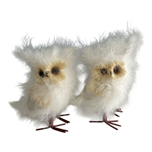 Pair of Vintage Feathered Owl Figurines – White Fluffy Birds – 5 Inch