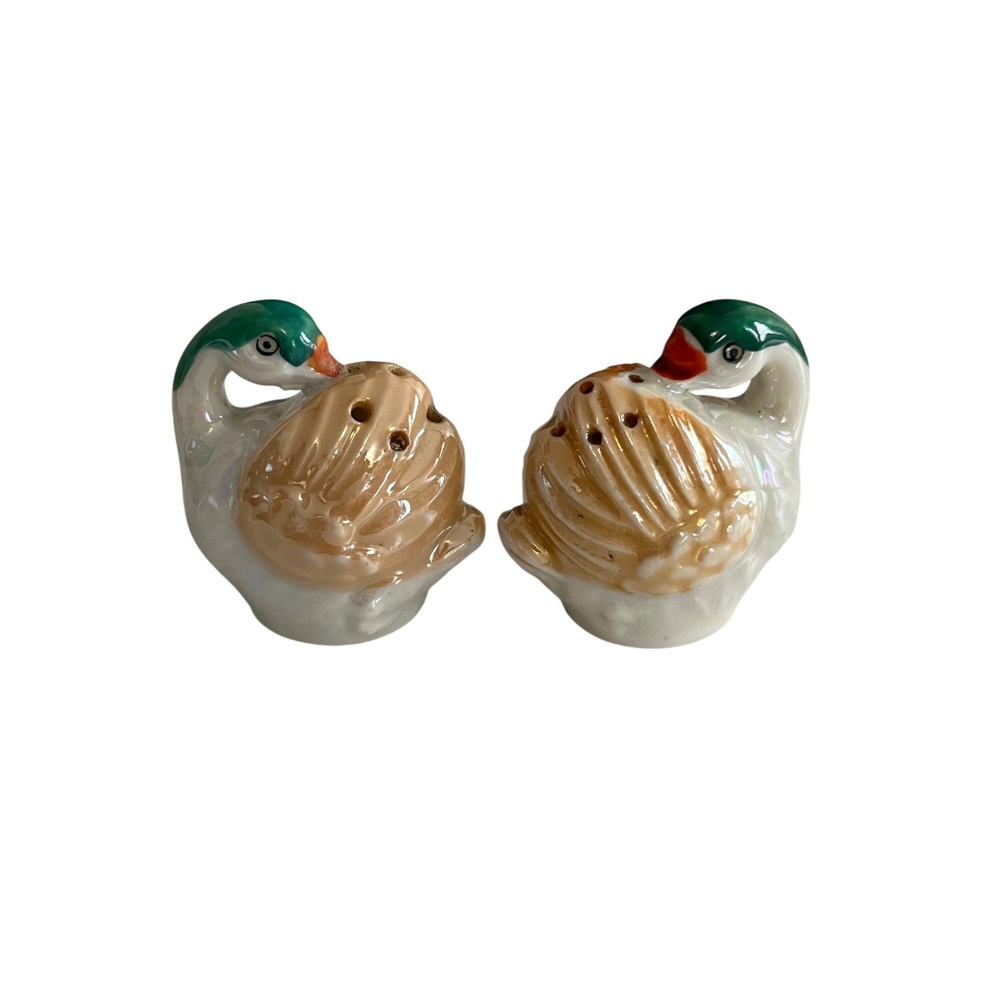 Vintage Japan Duck Salt Pepper Shakers Green Head Lusterware Set