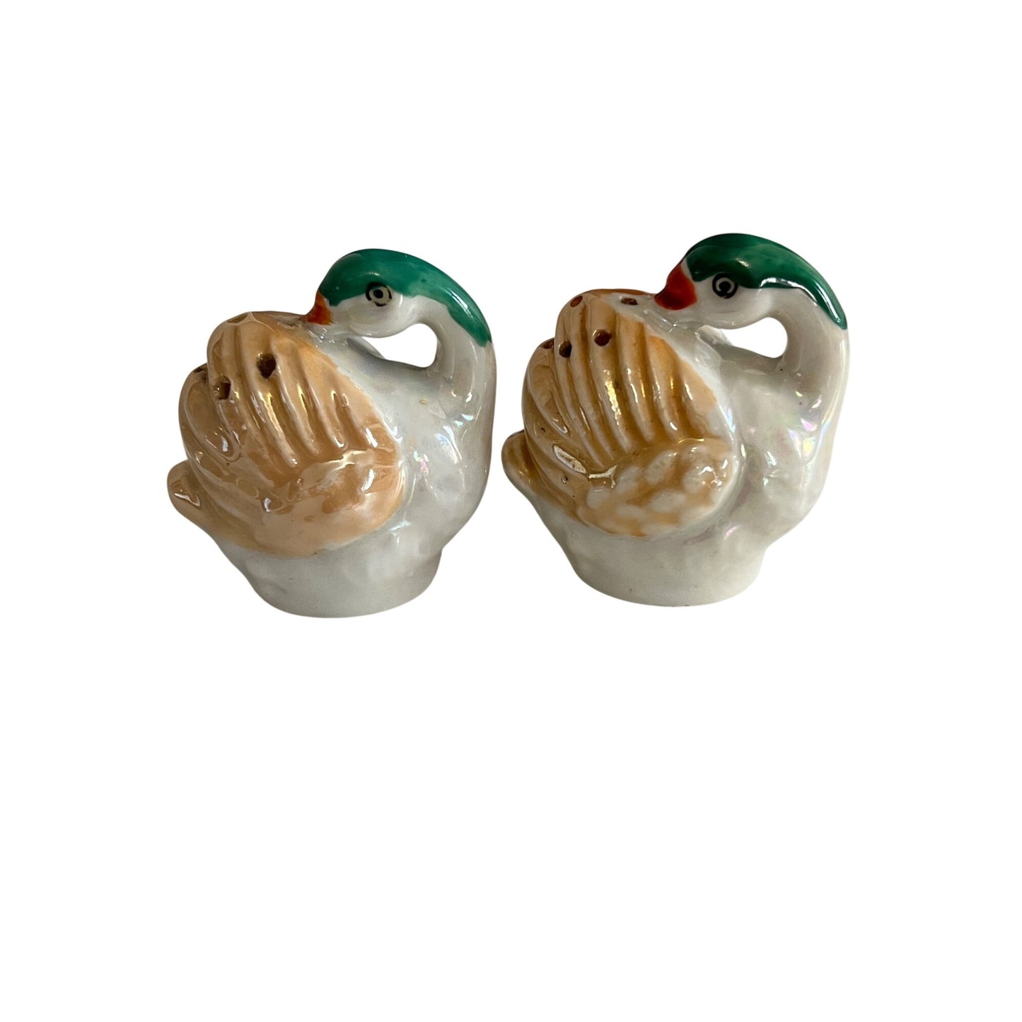 Vintage Japan Duck Salt Pepper Shakers Green Head Lusterware Set