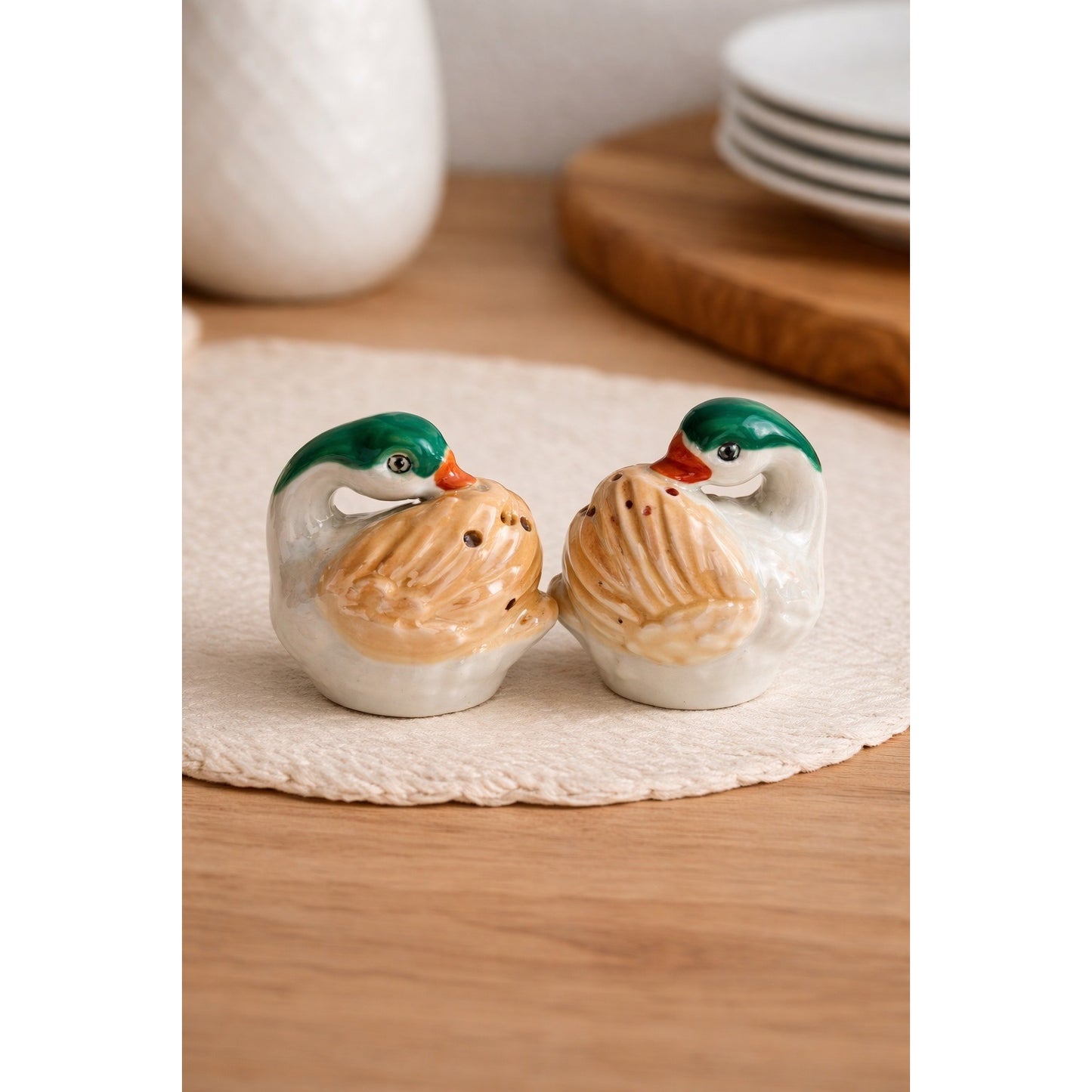 Vintage Japan Duck Salt Pepper Shakers Green Head Lusterware Set