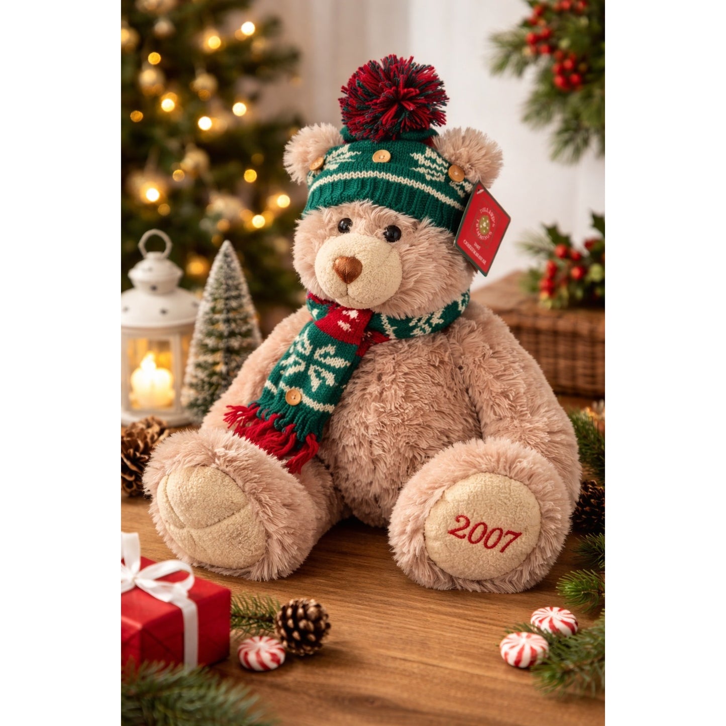 Dillard’s Trimmings 2007 Christmas Bear Plush 19 Inch Holiday Teddy With Hat Scarf