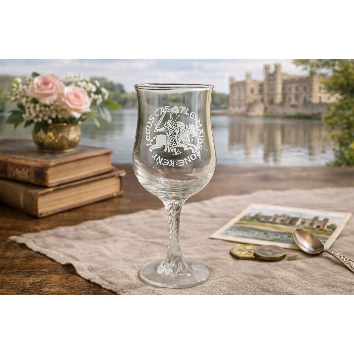 Leeds Castle Maidstone Kent England Etched Wine Glass Twisted Stem Souvenir Goblet