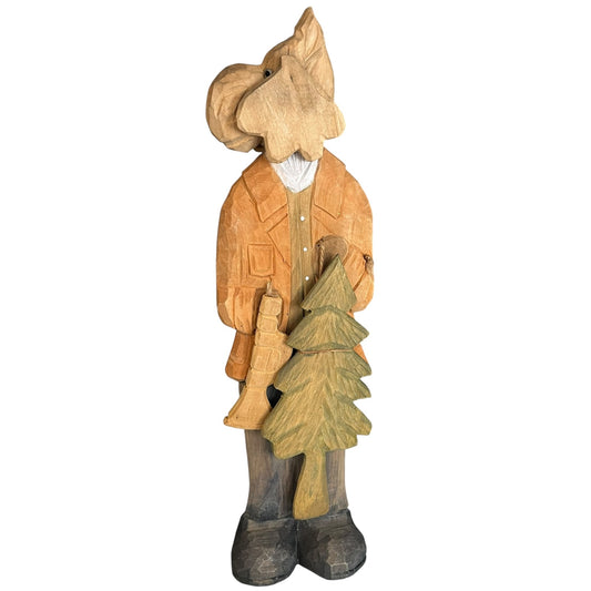 Vintage Hand Carved Wooden Moose Figurine Folk Art Man Holding Tree Rustic Decor