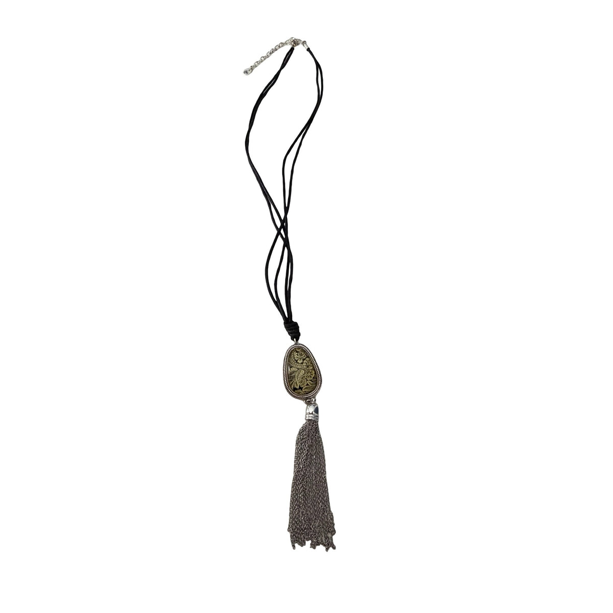 Boho Black Gold Paisley Pendant Necklace Silver Tone Chain Tassel 26”