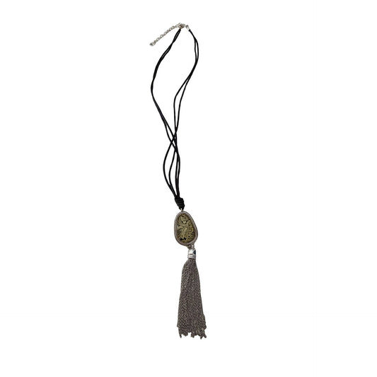 Boho Black Gold Paisley Pendant Necklace Silver Tone Chain Tassel 26”