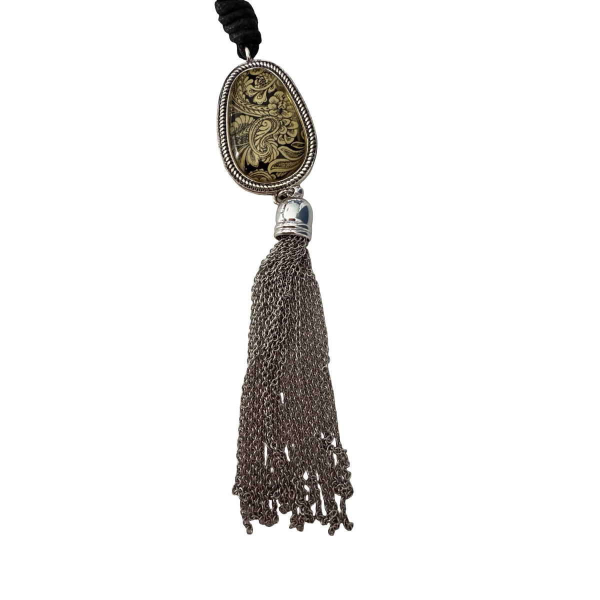 Boho Black Gold Paisley Pendant Necklace Silver Tone Chain Tassel 26”