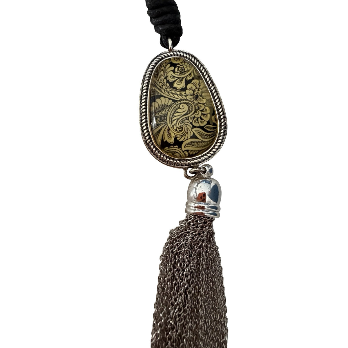 Boho Black Gold Paisley Pendant Necklace Silver Tone Chain Tassel 26”