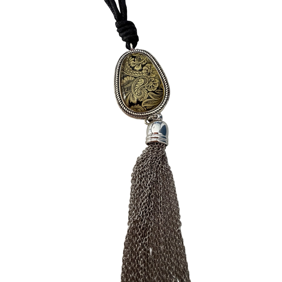 Boho Black Gold Paisley Pendant Necklace Silver Tone Chain Tassel 26”