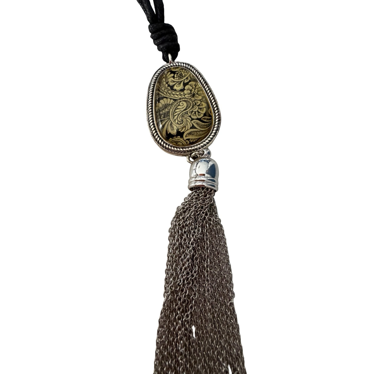 Boho Black Gold Paisley Pendant Necklace Silver Tone Chain Tassel 26”