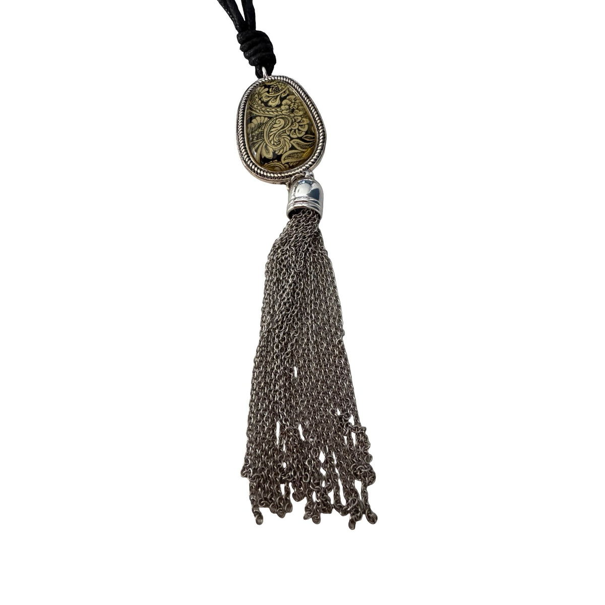 Boho Black Gold Paisley Pendant Necklace Silver Tone Chain Tassel 26”