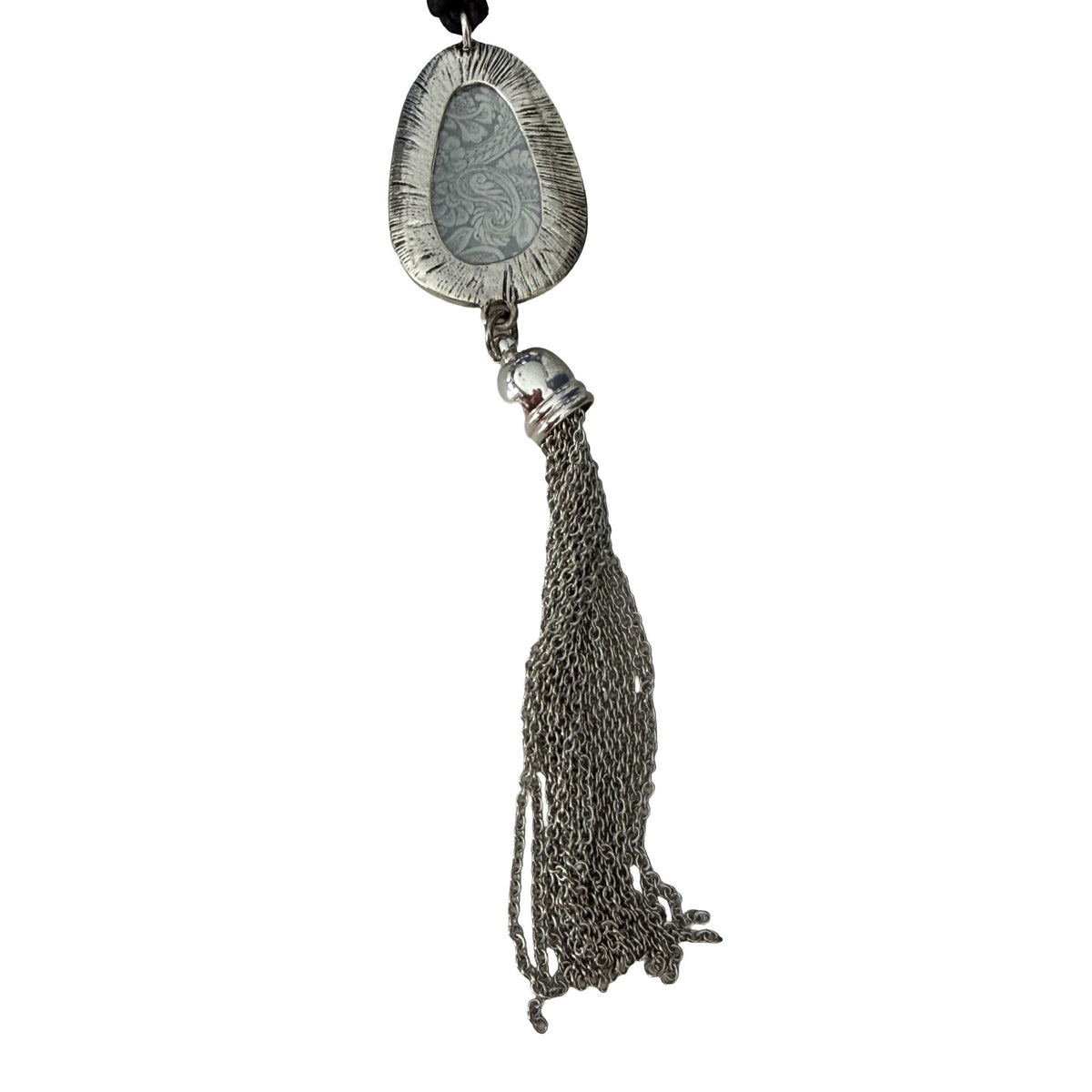 Boho Black Gold Paisley Pendant Necklace Silver Tone Chain Tassel 26”