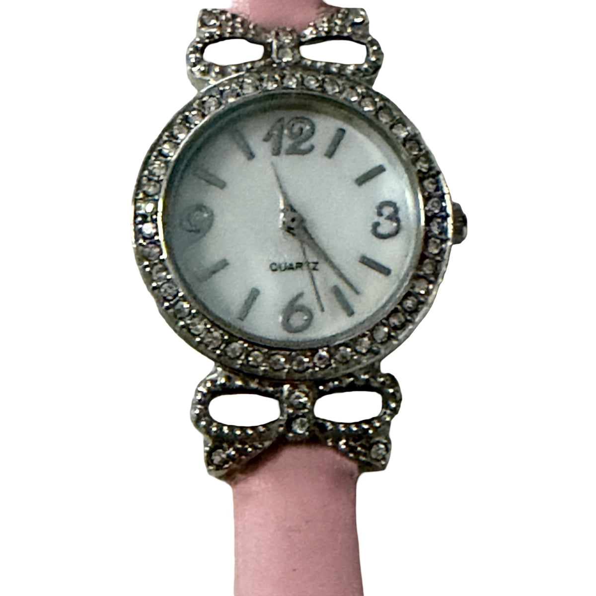 Pink Rhinestone Bow Quartz Wristwatch Silver Tone Women's Fashion Watch