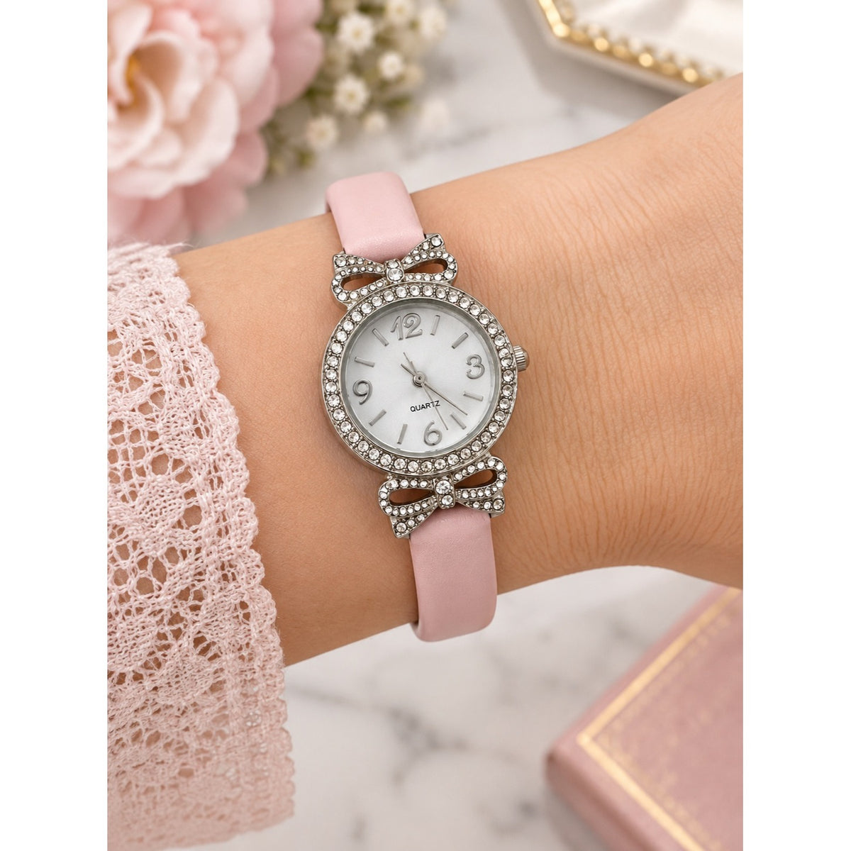 Pink Rhinestone Bow Quartz Wristwatch Silver Tone Women's Fashion Watch
