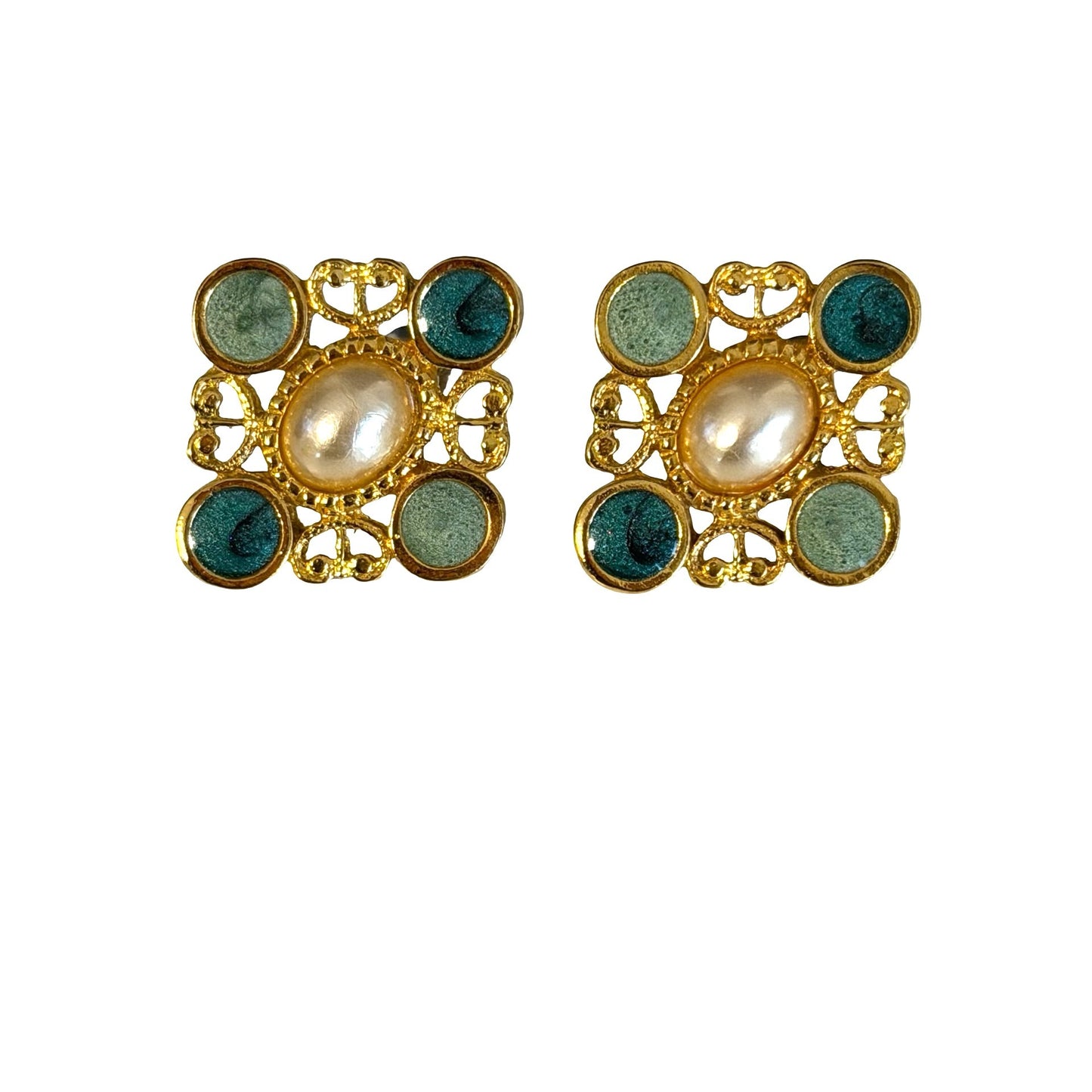 Vintage Faux Pearl Blue Enamel Gold Tone Stud Earrings Square Filigree Retro