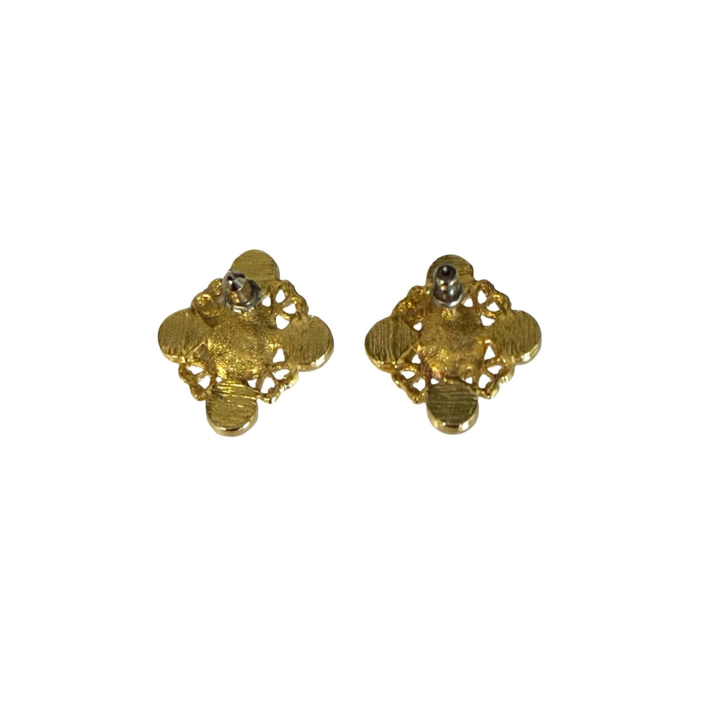 Vintage Faux Pearl Blue Enamel Gold Tone Stud Earrings Square Filigree Retro