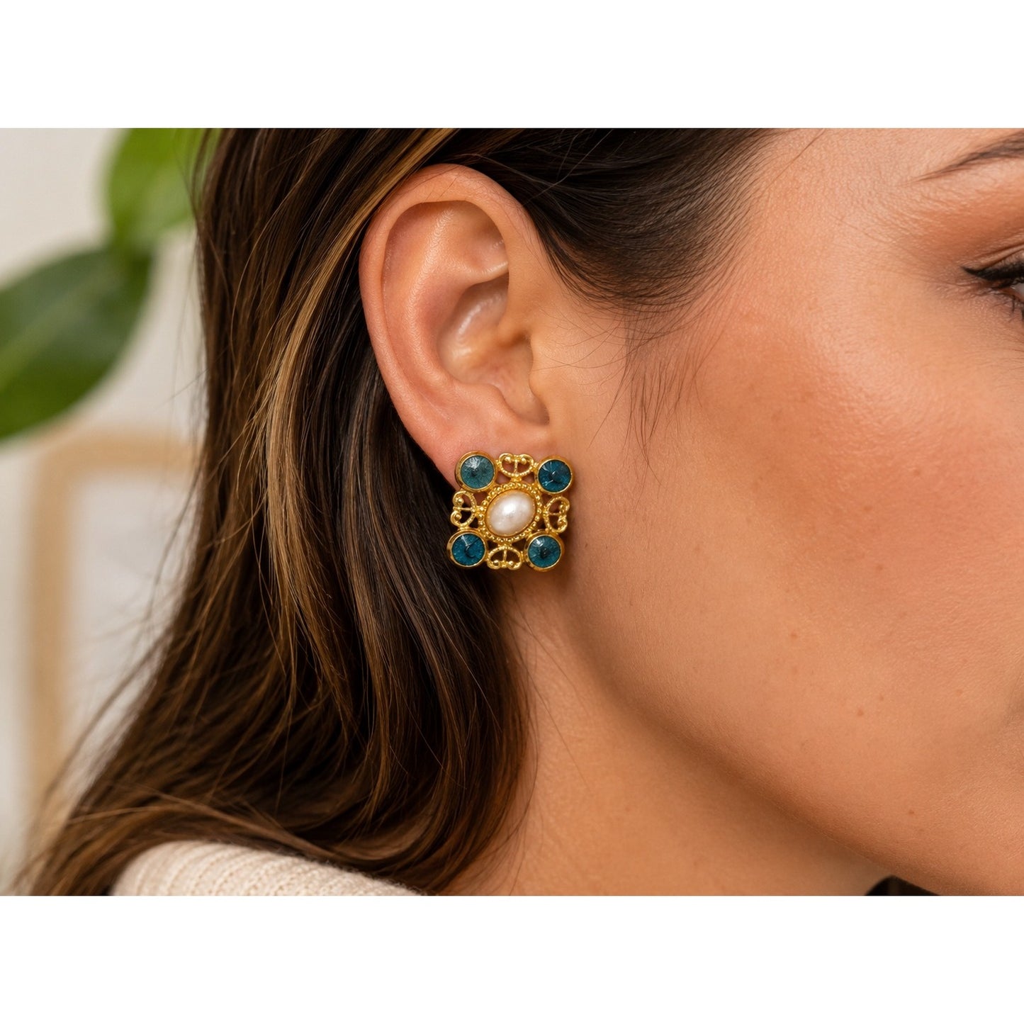 Vintage Faux Pearl Blue Enamel Gold Tone Stud Earrings Square Filigree Retro
