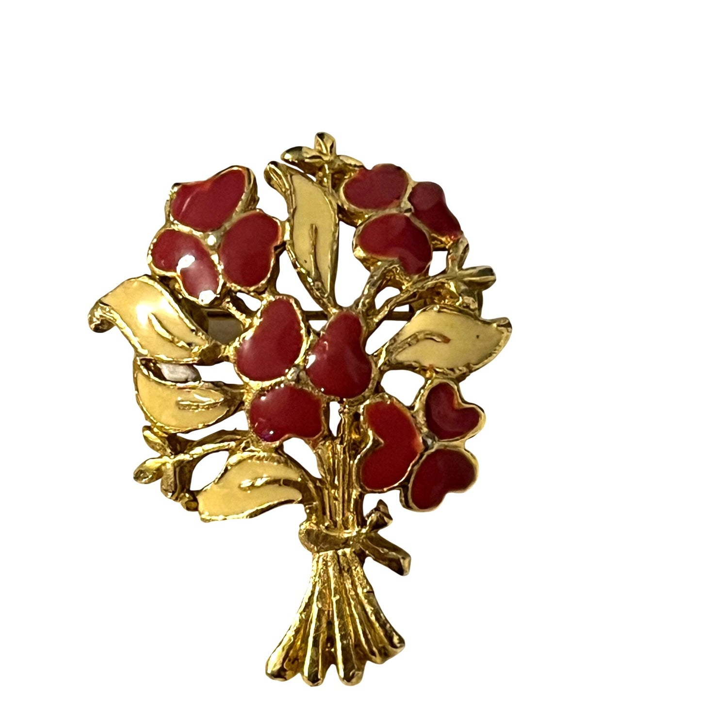 Vintage Gold Tone Red Enamel Flower Bouquet Brooch Floral Pin Statement