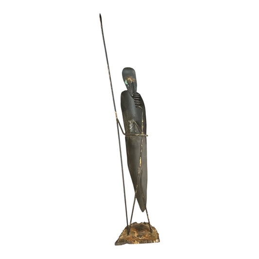 Vintage Brutalist Metal Sculpture – Tribal Figure with Spear – Mid Century Modernist Art