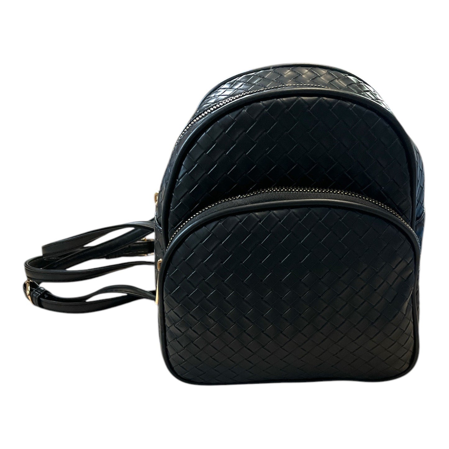 Black Woven Mini Backpack Textured Faux Leather Gold Zip Dual Compartment Purse