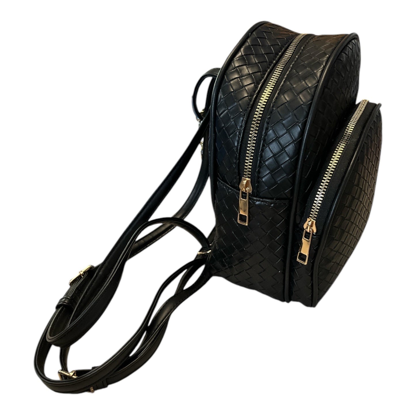 Black Woven Mini Backpack Textured Faux Leather Gold Zip Dual Compartment Purse