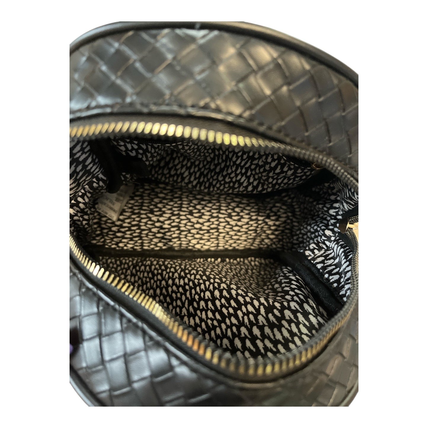 Black Woven Mini Backpack Textured Faux Leather Gold Zip Dual Compartment Purse