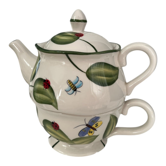 Vintage Harry and David Stacked Teapot & Teacup Ladybug Leaf Design Ceramic
