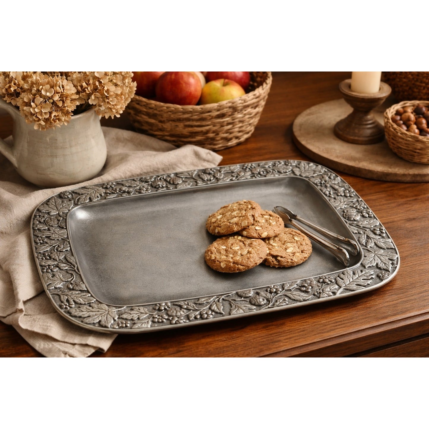 Longaberger Pewter Tray 2001 Rectangular Serving Tray Oak Leaf Acorn Border