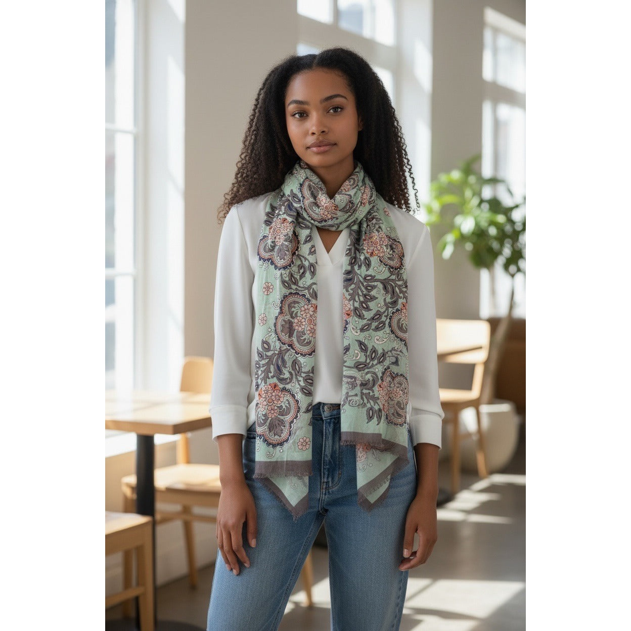 Vera Bradley Floral Scarf Mint Green Paisley Lightweight Wrap 78x26