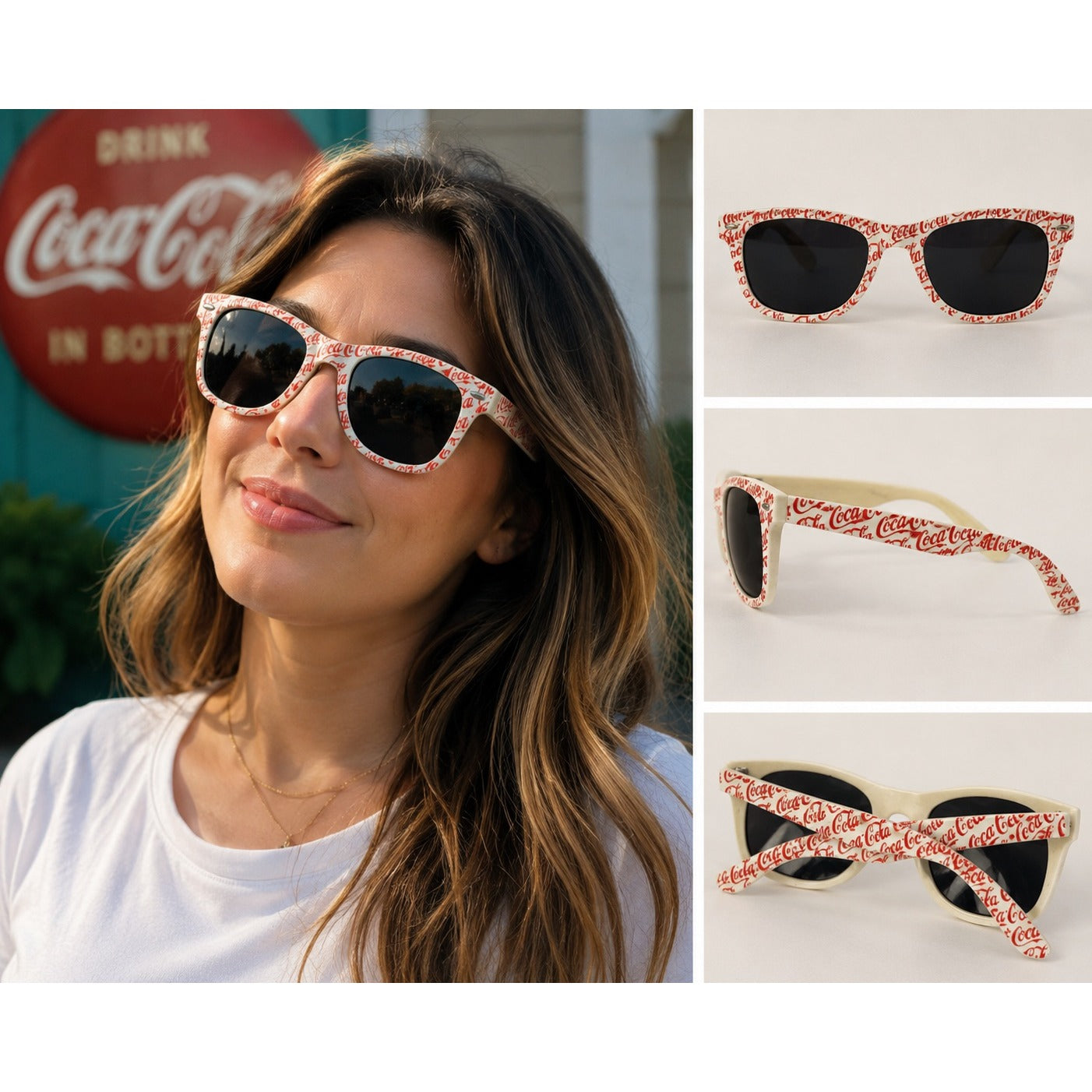 Vintage Coca-Cola Logo Print Sunglasses White Red Coke Promotional Wayfarer Style