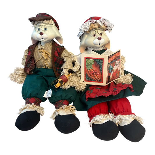 Vintage 1996 House of Lloyd Bunny Couple – Grandpa Lloyd & Grandma TL Toys with Book – 15” Christmas Plush Figures with Porcelain Heads