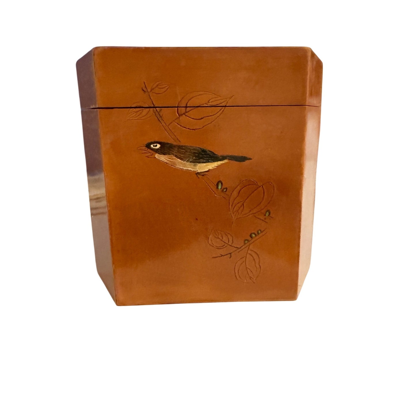 Vintage Chinese Lacquered Wooden Tea Caddy Box Bird Calligraphy Trinket Box