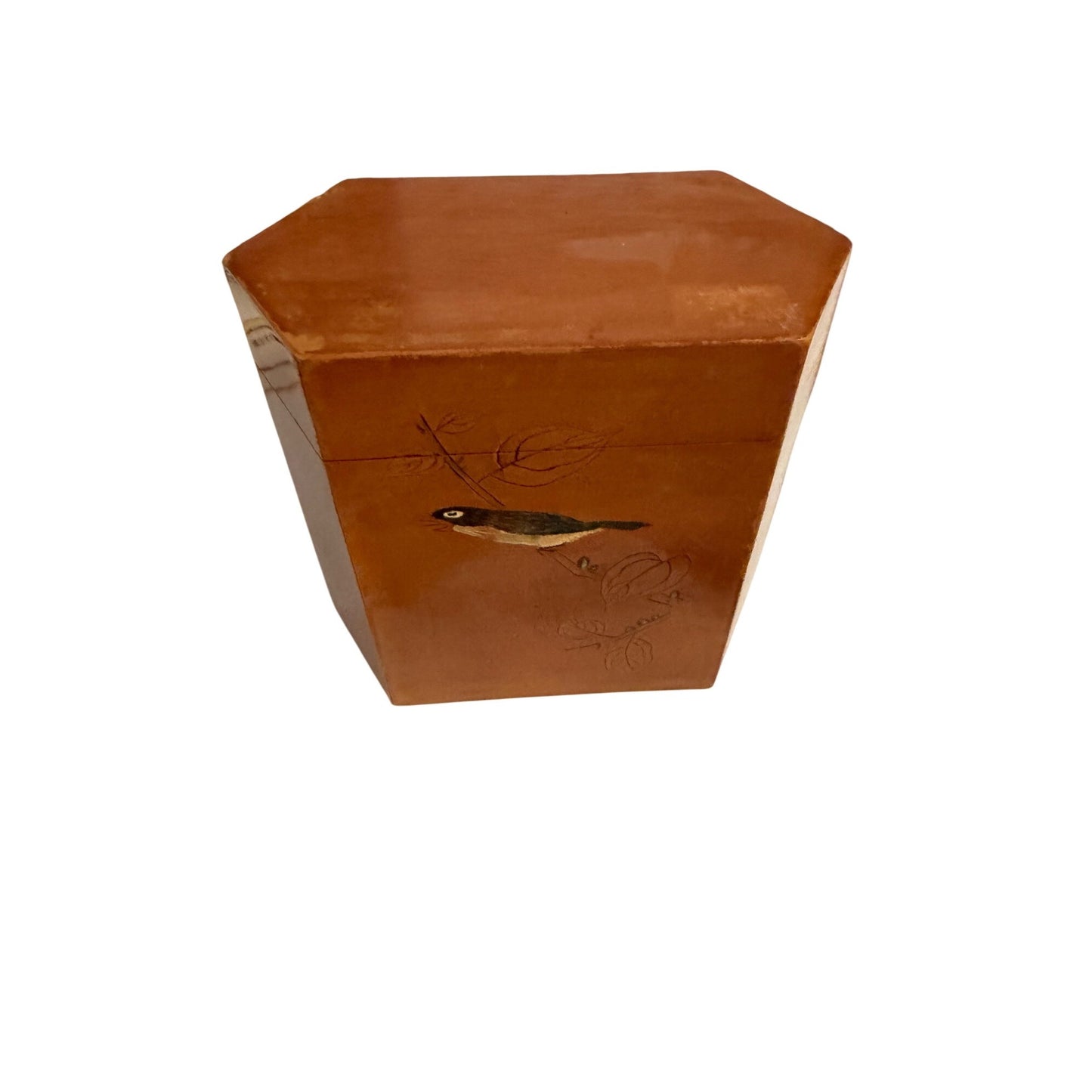 Vintage Chinese Lacquered Wooden Tea Caddy Box Bird Calligraphy Trinket Box