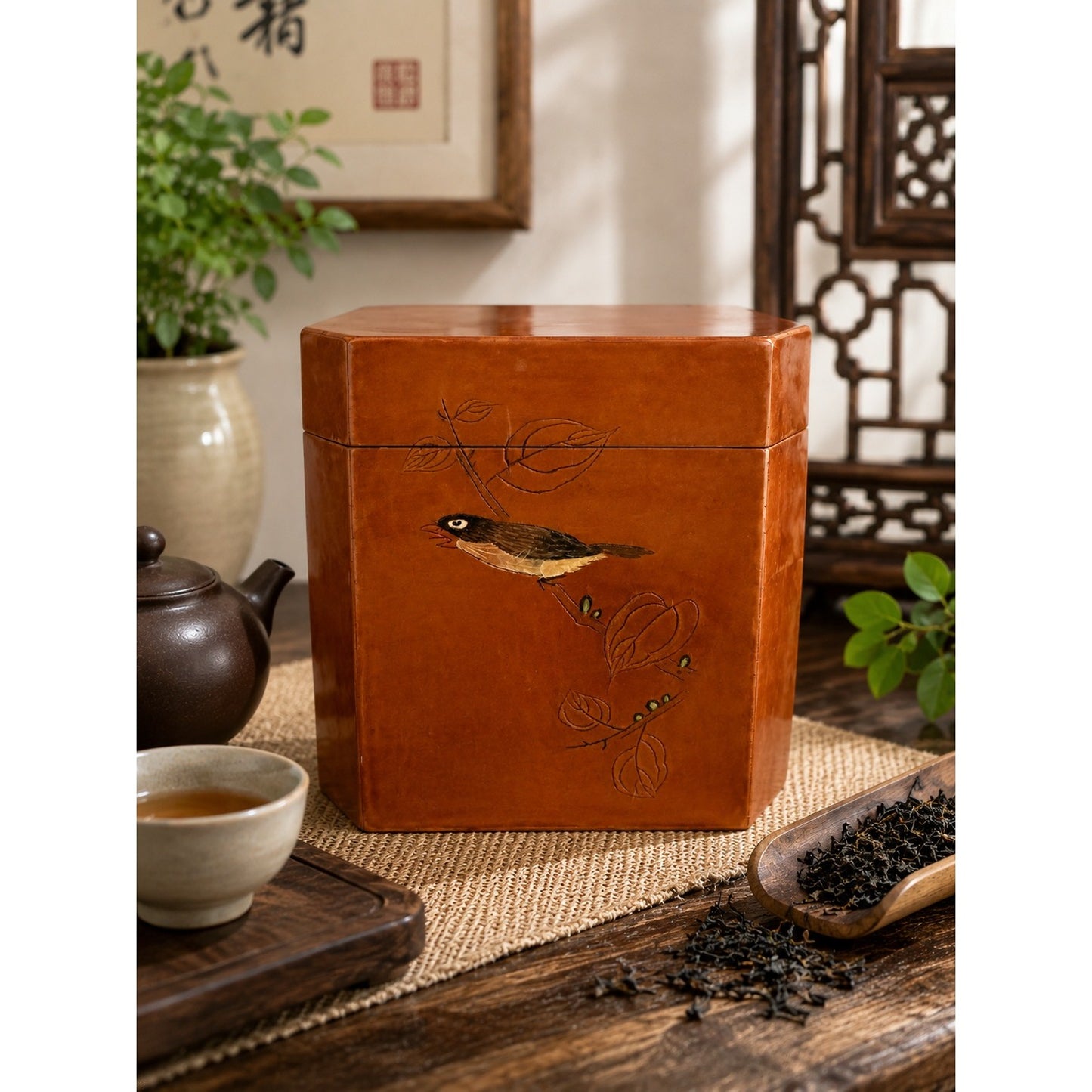 Vintage Chinese Lacquered Wooden Tea Caddy Box Bird Calligraphy Trinket Box