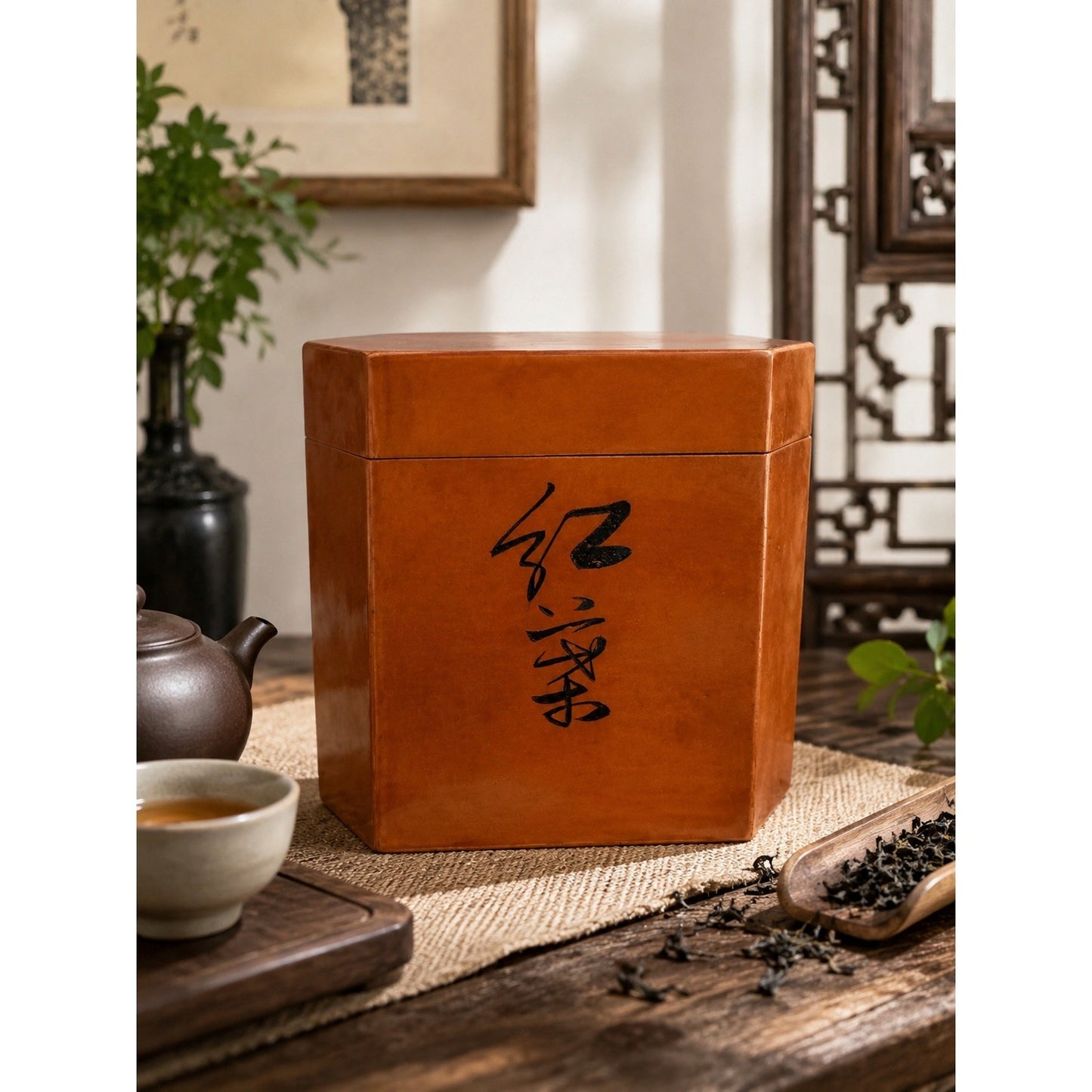 Vintage Chinese Lacquered Wooden Tea Caddy Box Bird Calligraphy Trinket Box