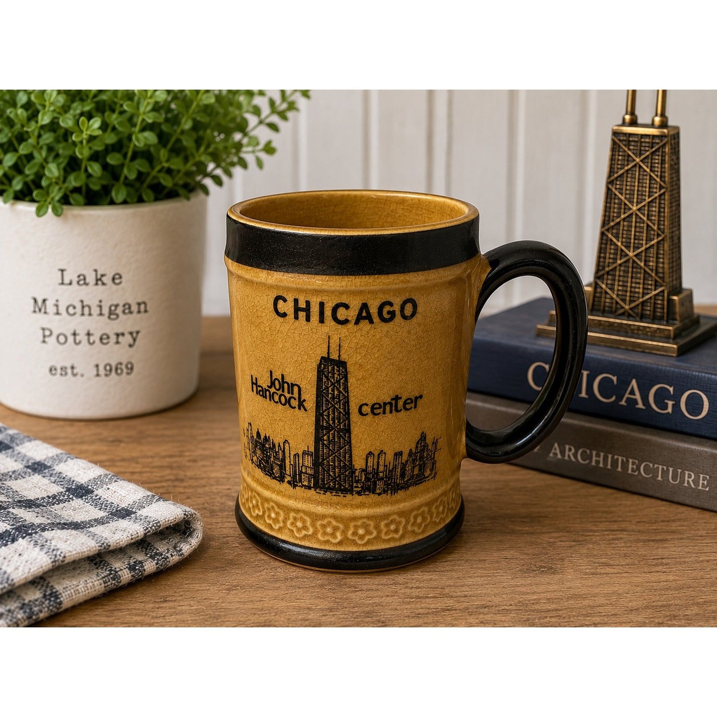 Vintage Chicago John Hancock Center Ceramic Mug Tan Black Souvenir Cup