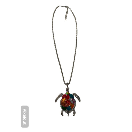 Vintage Turtle Pendant Necklace Silver Tone Multicolor Enamel Sea Life 18”