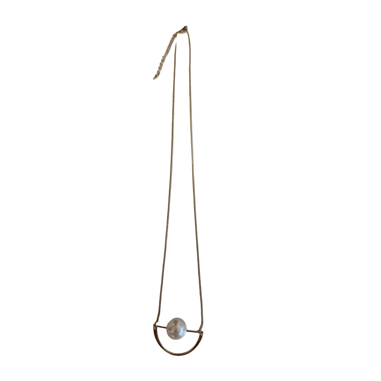 Vintage Gold Tone Faux Pearl Geometric Pendant Necklace Minimalist Modern 24 Inch