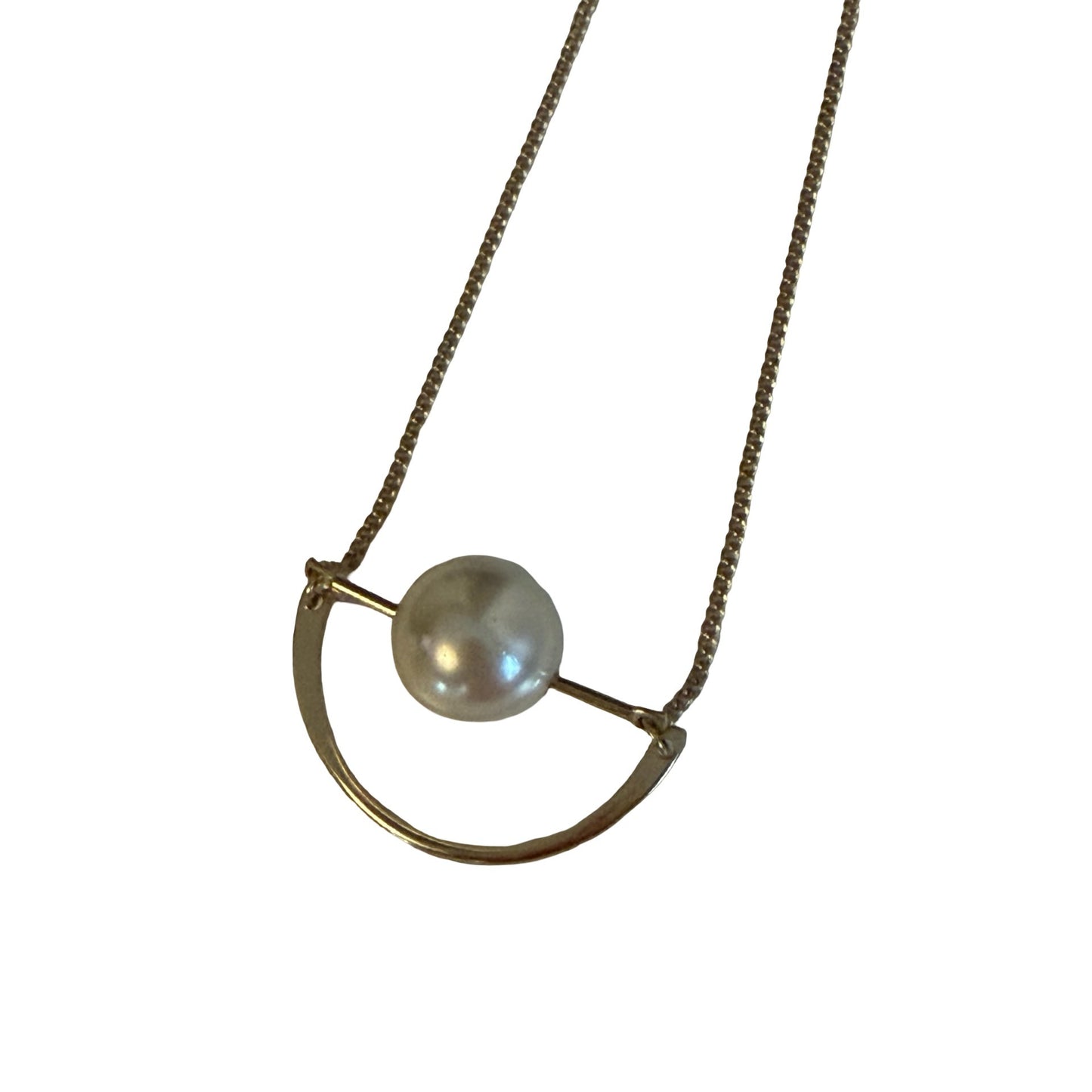 Vintage Gold Tone Faux Pearl Geometric Pendant Necklace Minimalist Modern 24 Inch