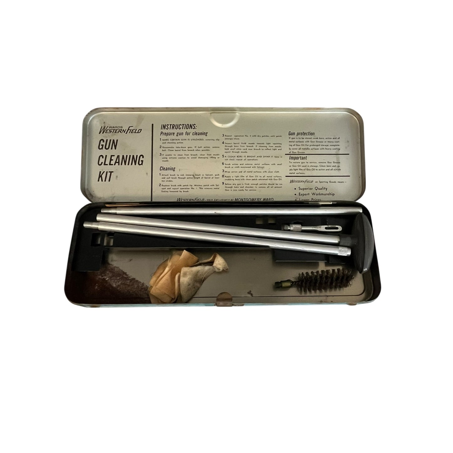 Vintage Western Field Shotgun Cleaning Kit 410 Gauge Metal Tin Case Montgomery Ward