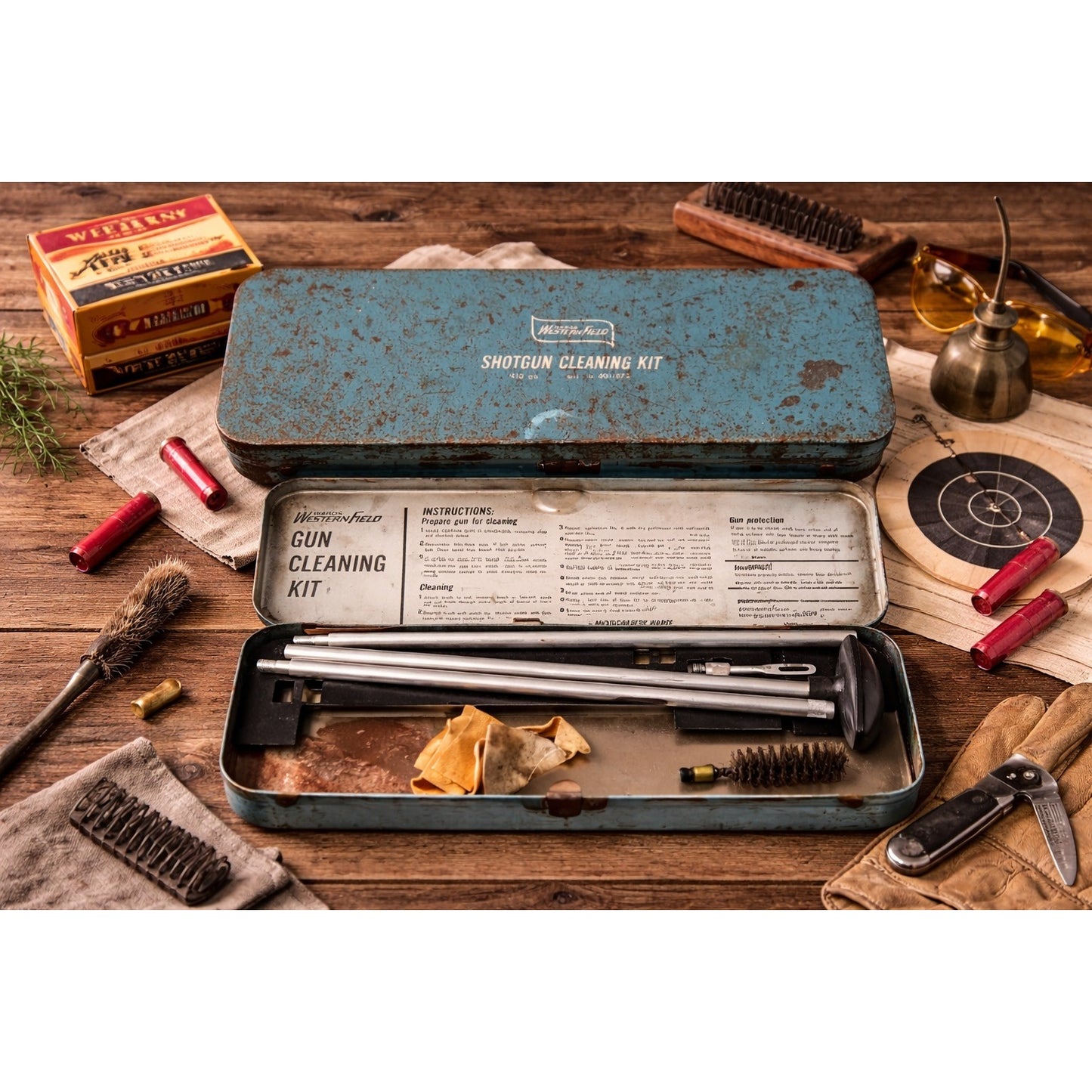 Vintage Western Field Shotgun Cleaning Kit 410 Gauge Metal Tin Case Montgomery Ward