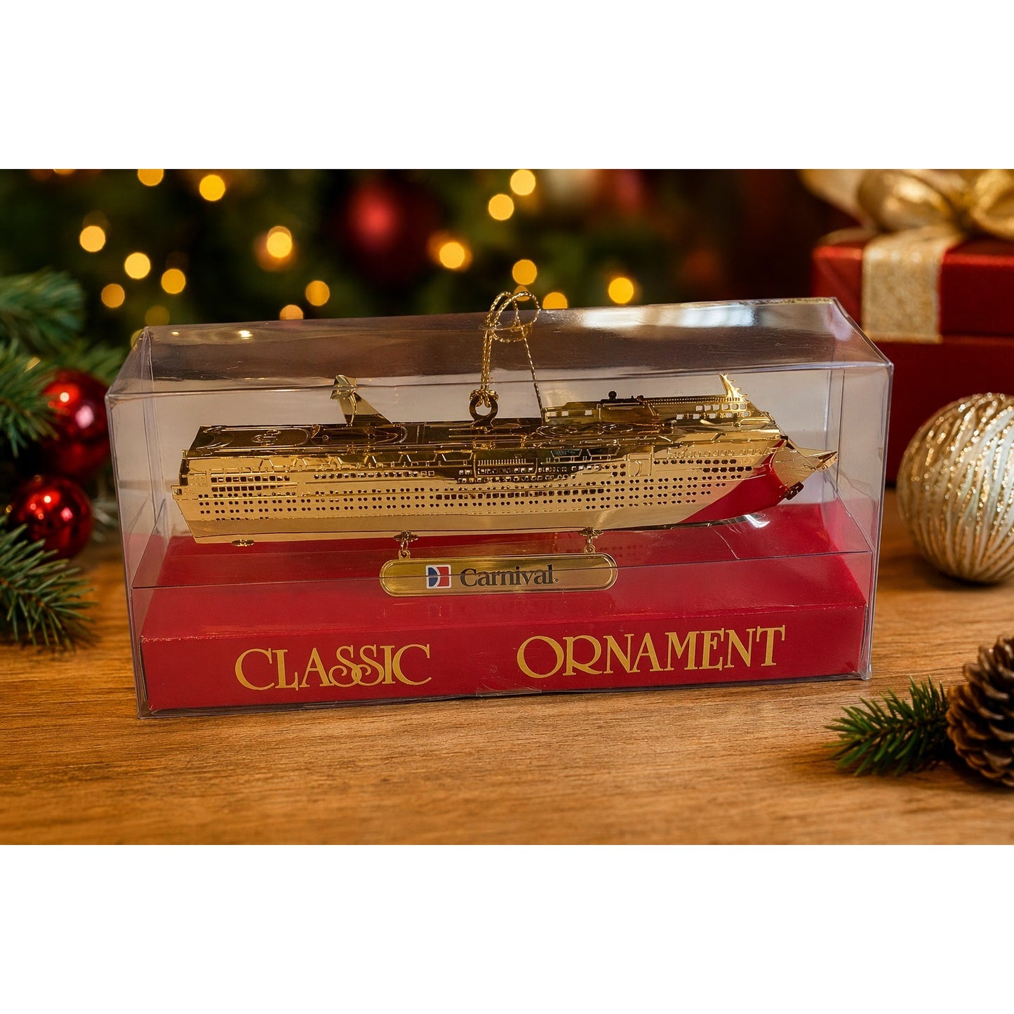 Carnival Fantasy Cruise Ship Ornament Gold Tone Metal Classic Ornament 24K Gold Plated Display Case